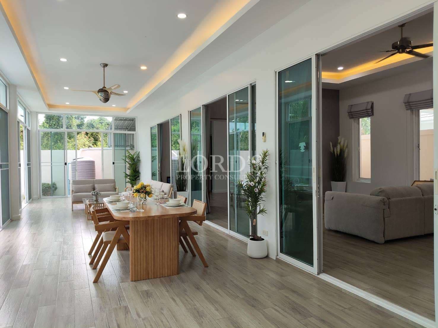 Modern dining area with large windows