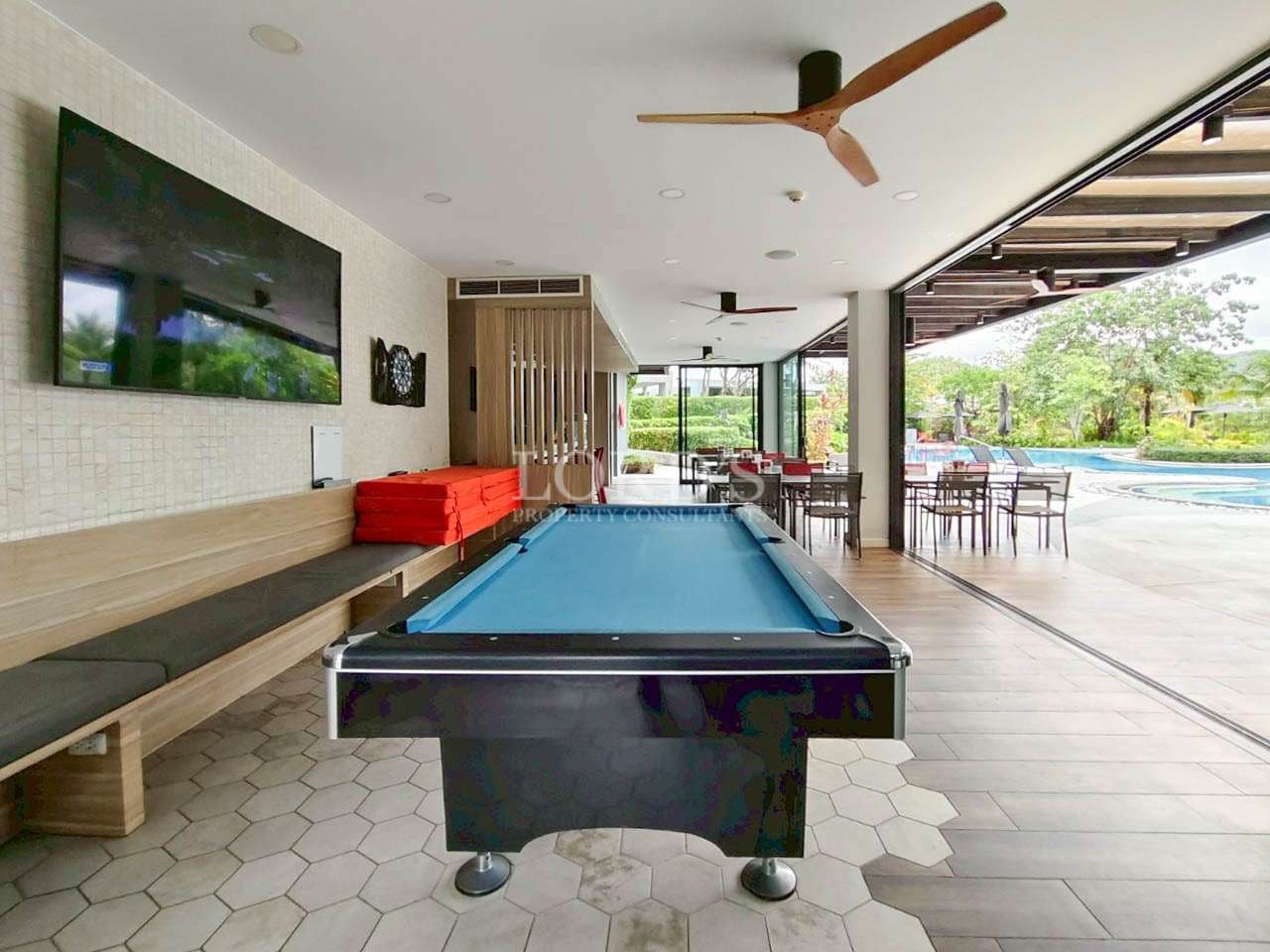 Modern game room with pool table