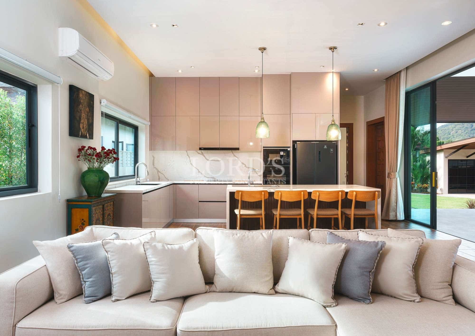 Modern kitchen with cozy living area