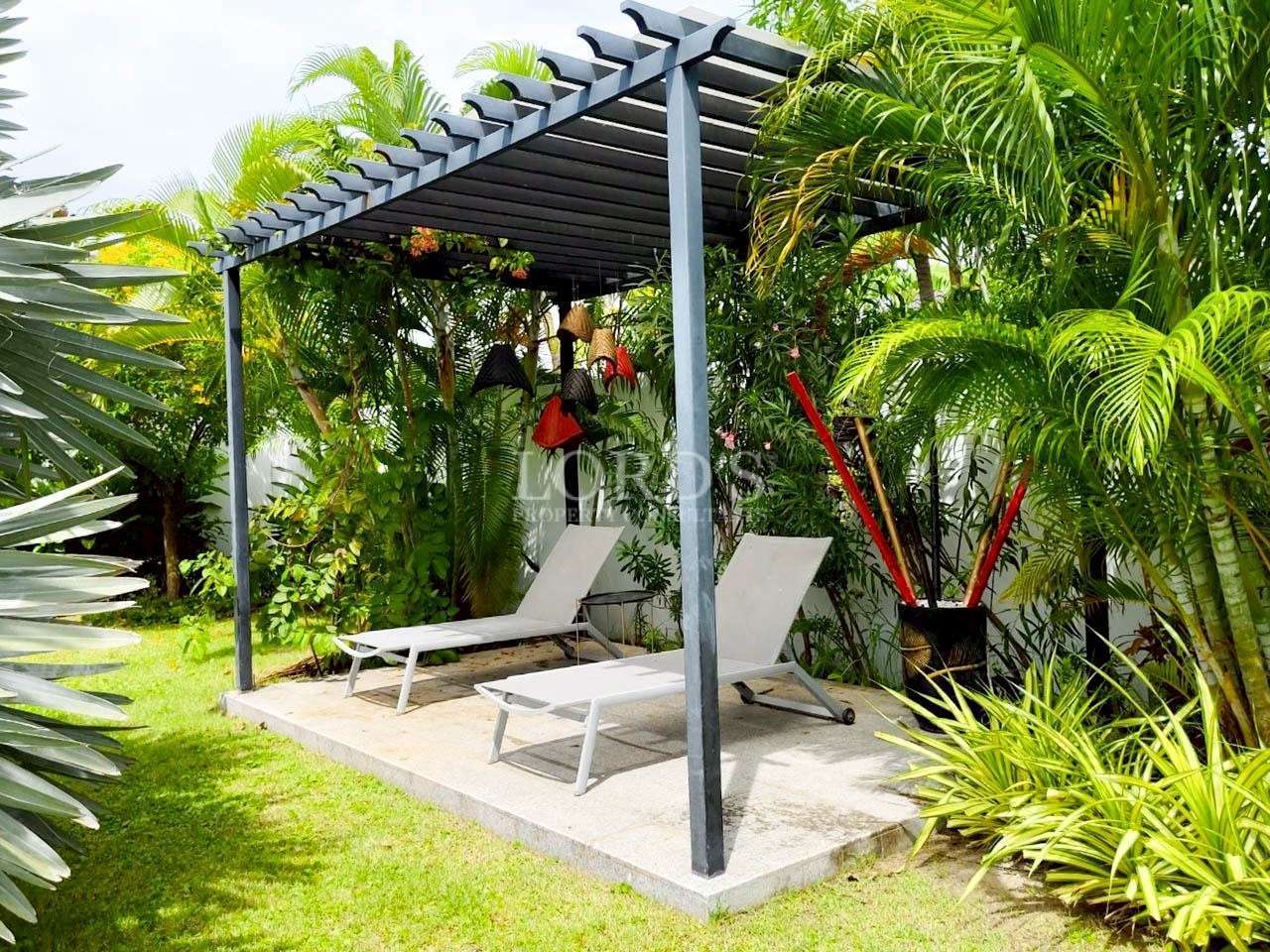 Relaxing outdoor lounge area with greenery