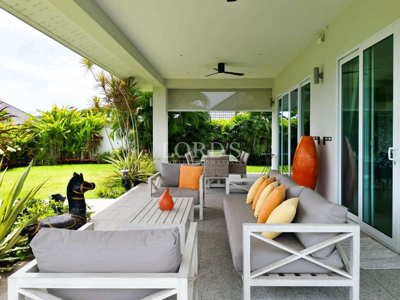 Modern patio with comfortable seating.