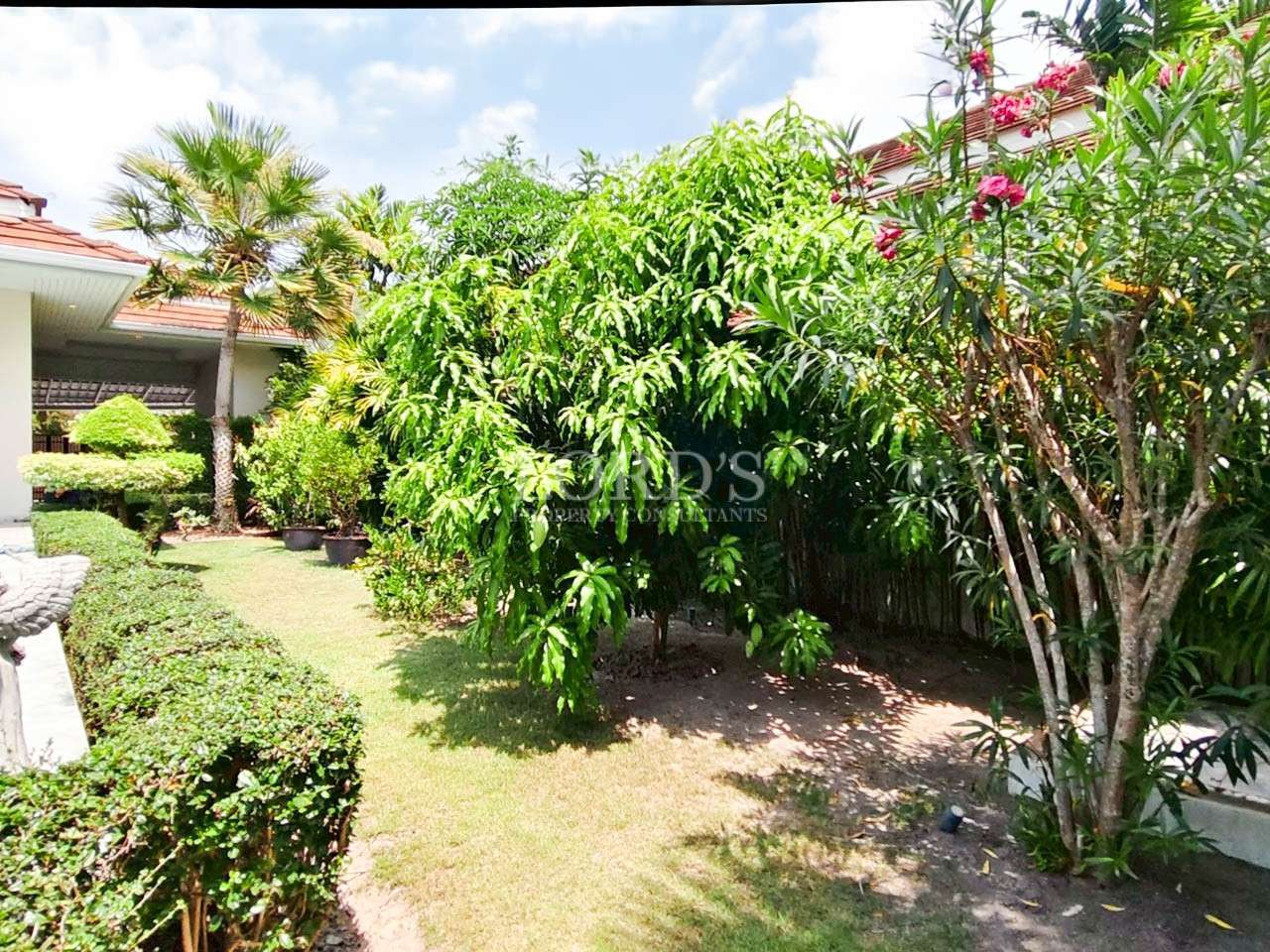 Lush tropical garden with manicured lawn, trees, and flowering plants beside a residential villa.