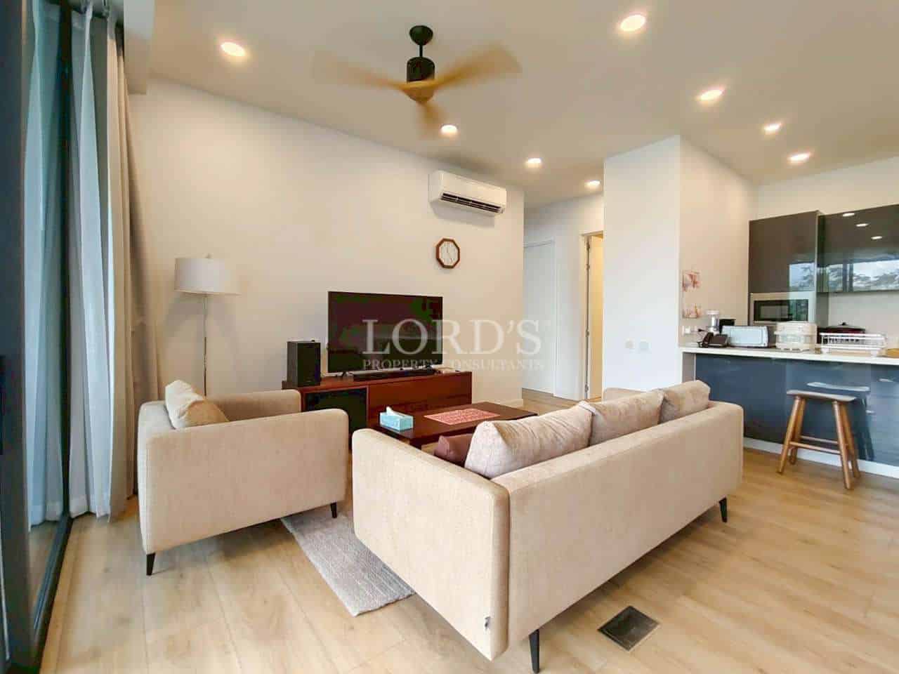 Modern living room with furniture.