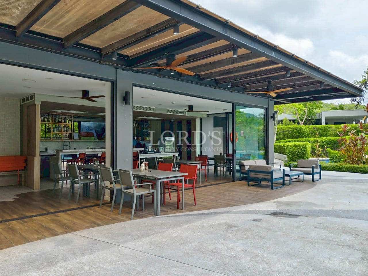 Modern outdoor dining area with seating