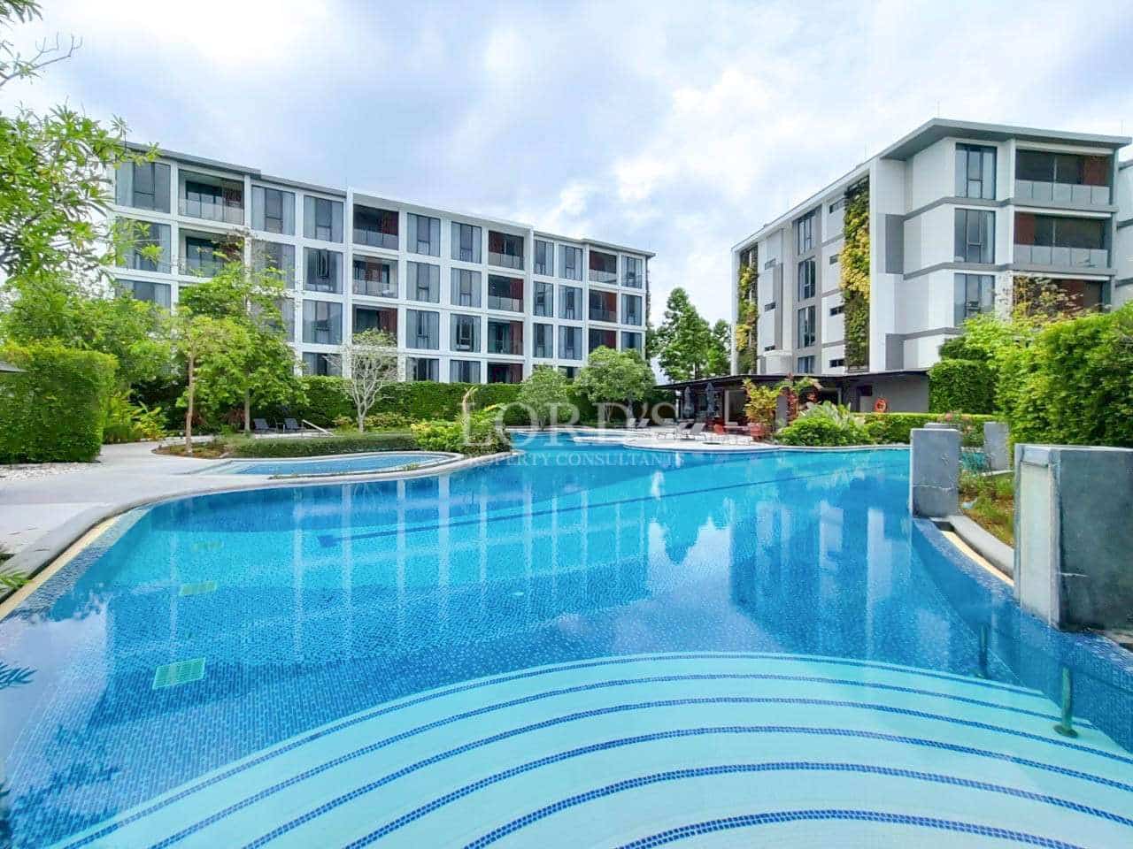 Modern apartment buildings overlooking a large outdoor swimming pool with landscaped gardens.