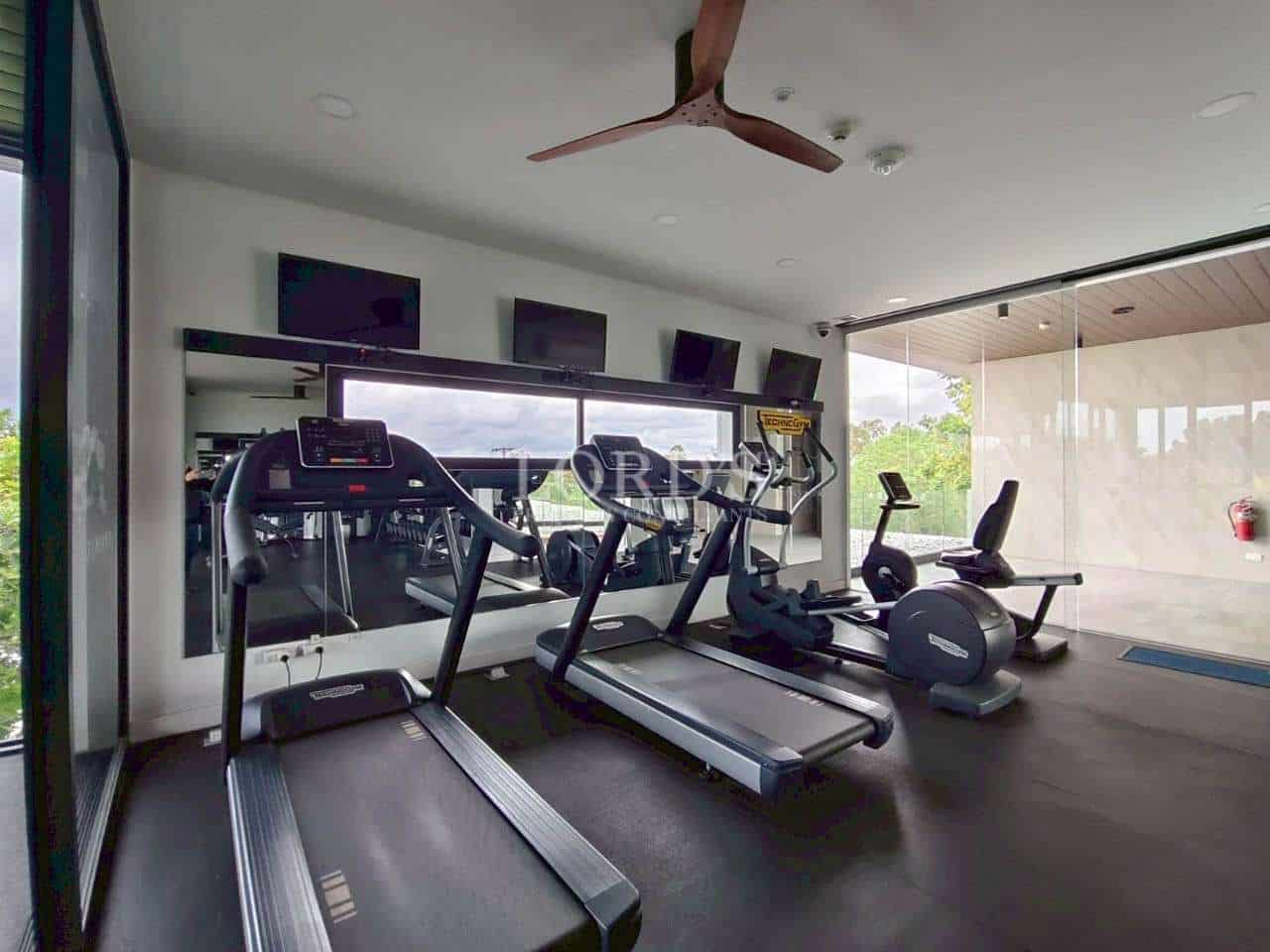 Modern fitness room with treadmills, exercise bikes, mirrors, and large windows.