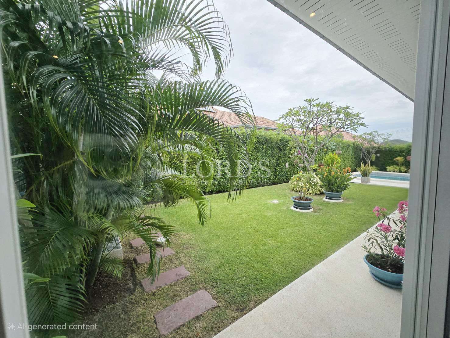 Lush garden with tropical plants.