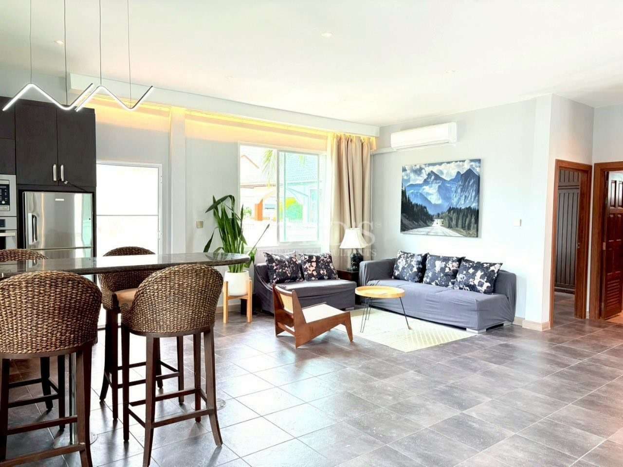 Modern living room with dining area