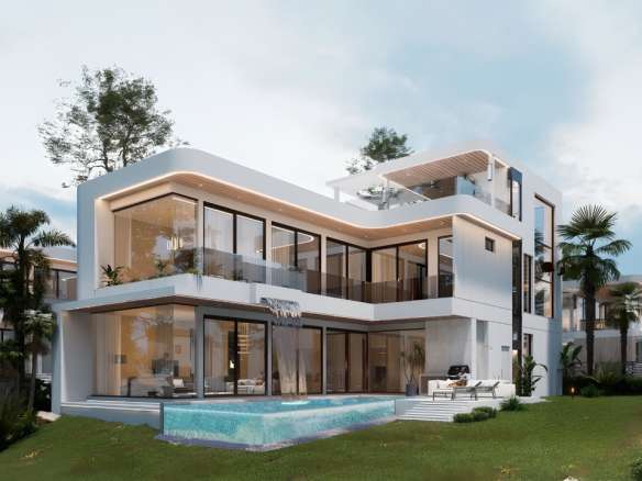 Modern villa with pool and greenery
