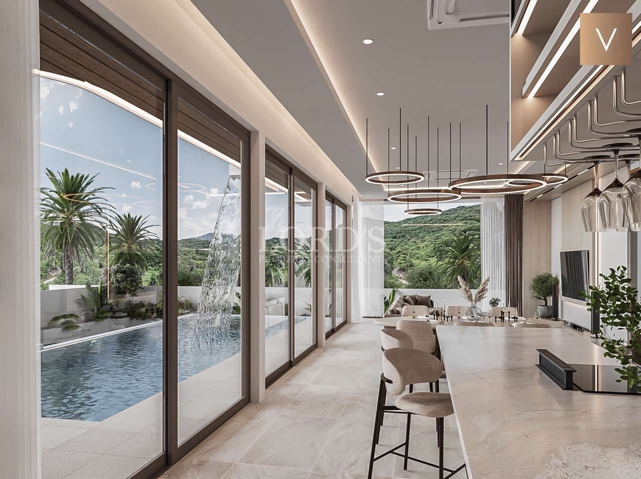 Modern interior with pool view