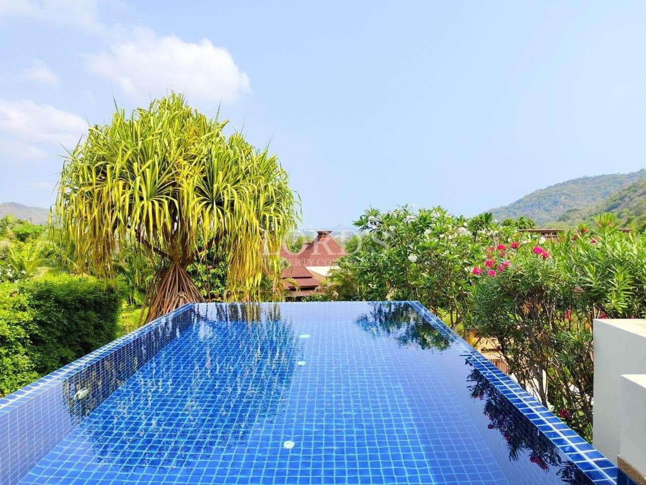 Infinity swimming pool with tropical landscaping and mountain views in a luxury villa.