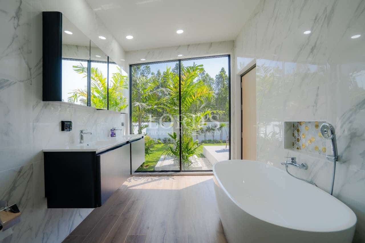 Modern bathroom with large windows