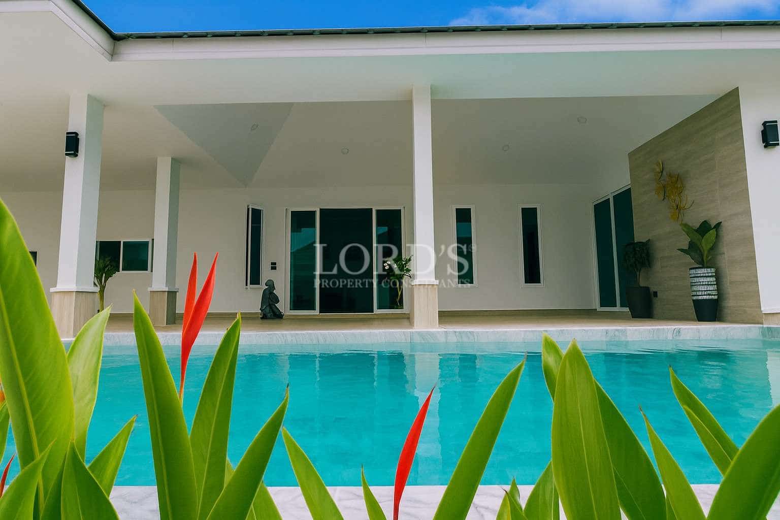 Modern house with pool and greenery