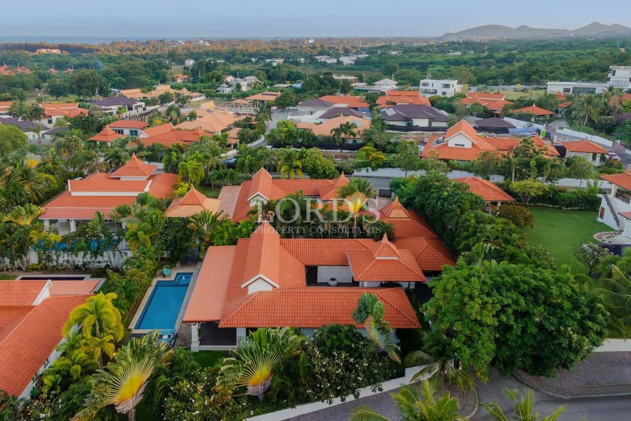 Aerial view of tropical villas.