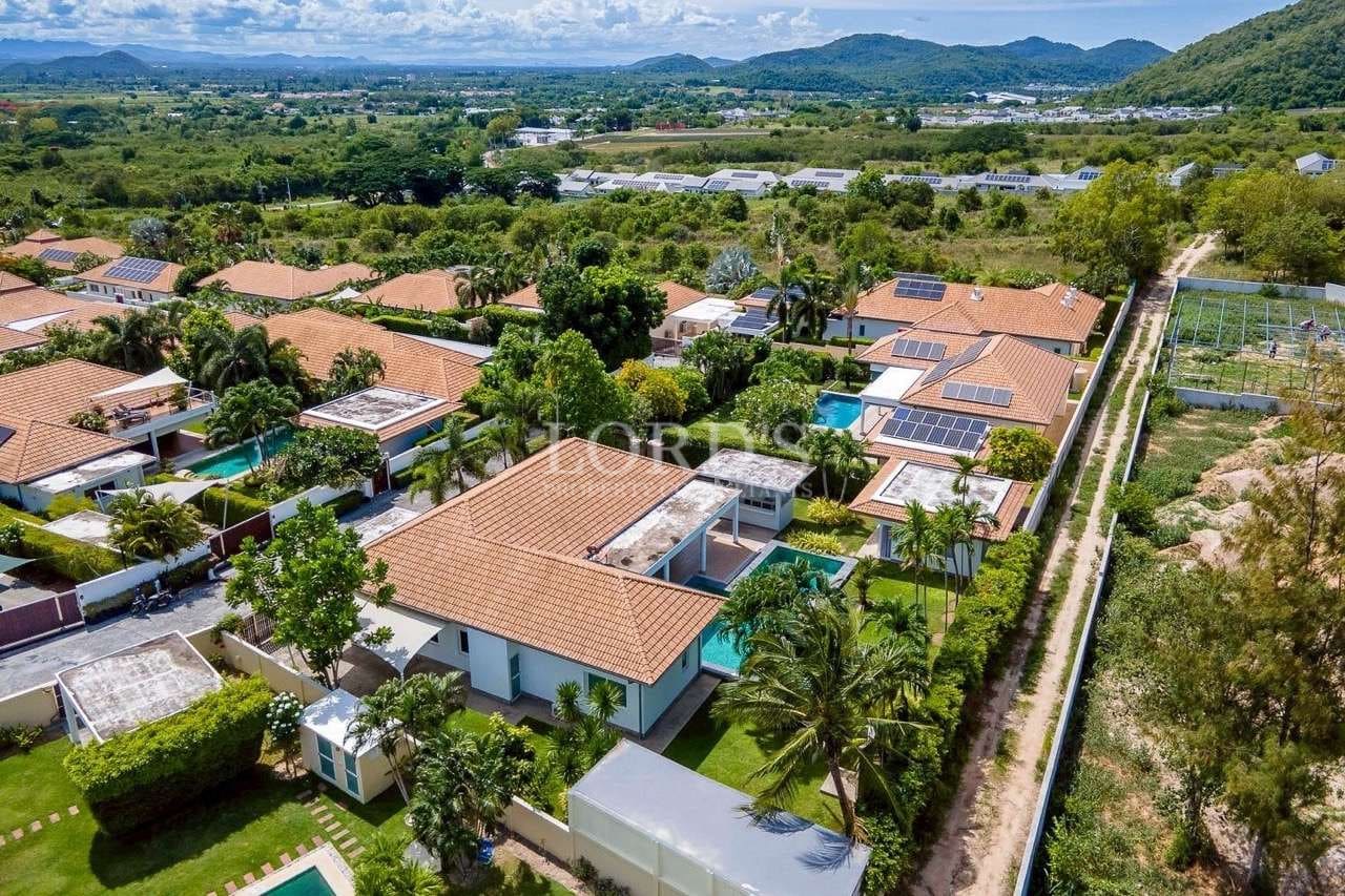 Aerial view of luxury villas.
