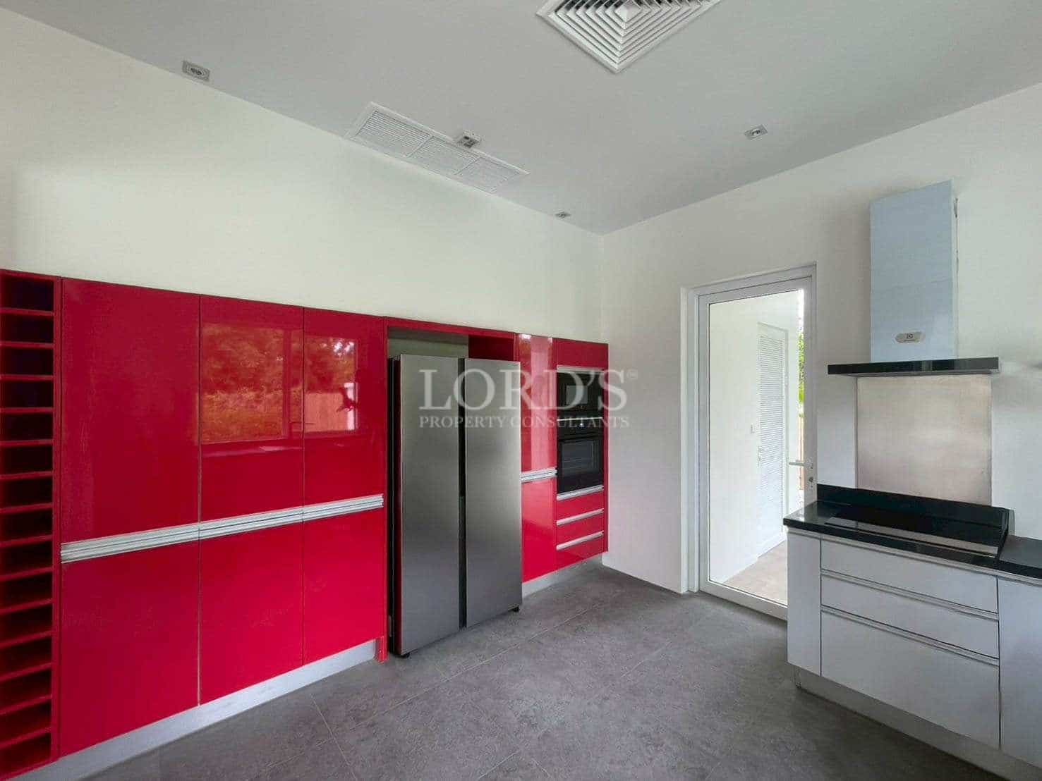 Modern kitchen with red cabinets.