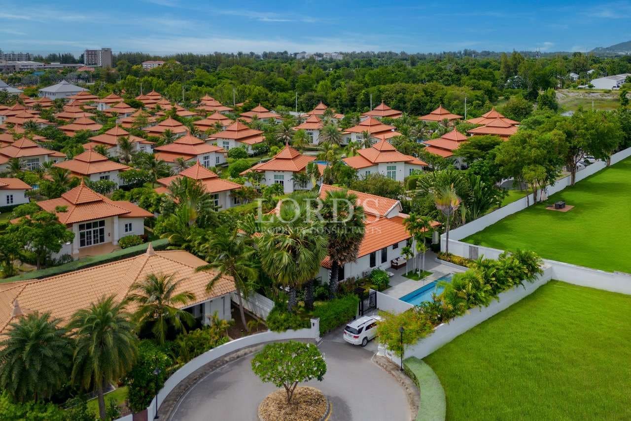 Aerial view of tropical housing complex.