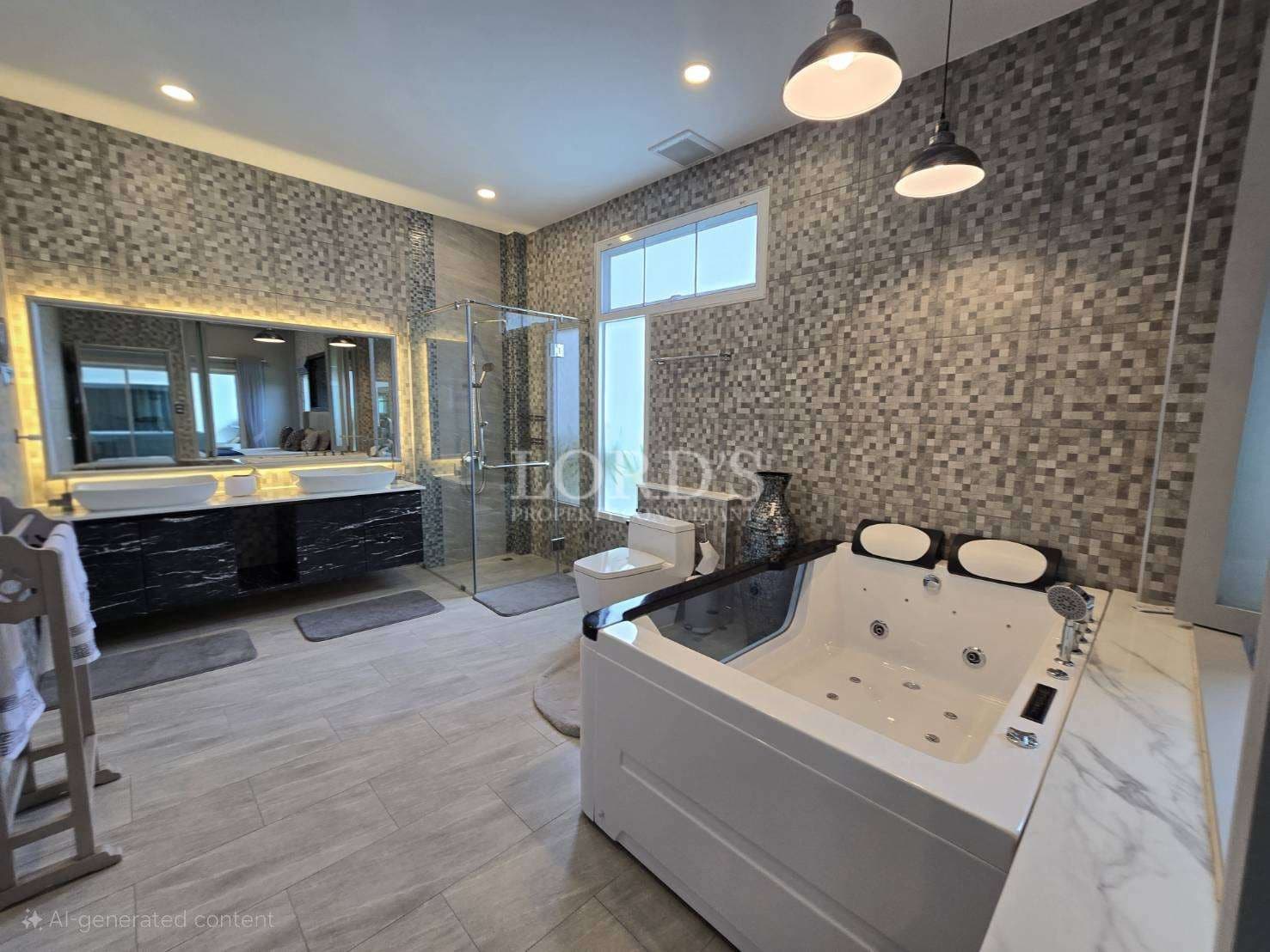 Luxury bathroom with jacuzzi bathtub, walk-in glass shower, mosaic tile walls, and double vanity.