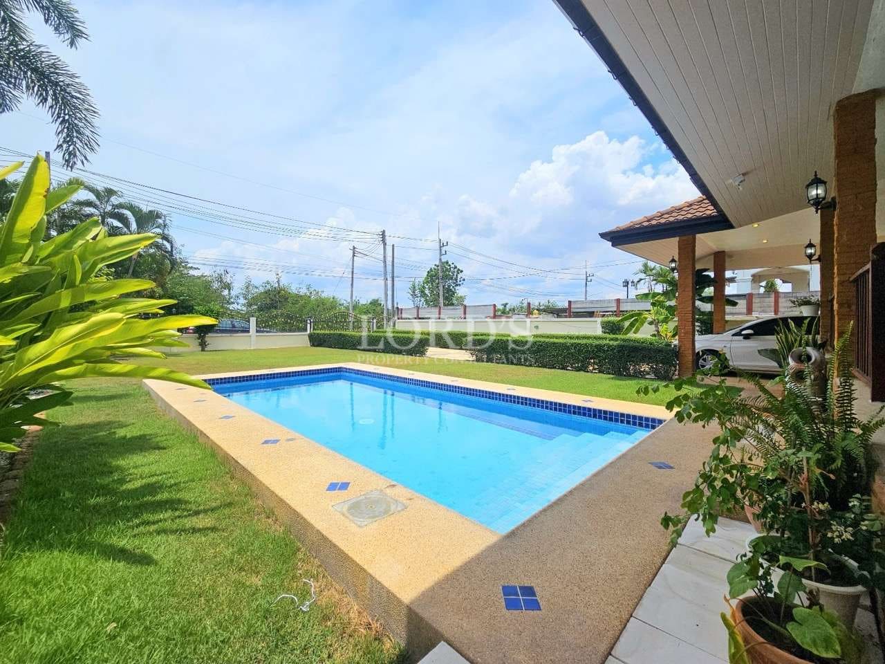 Swimming pool surrounded by greenery.