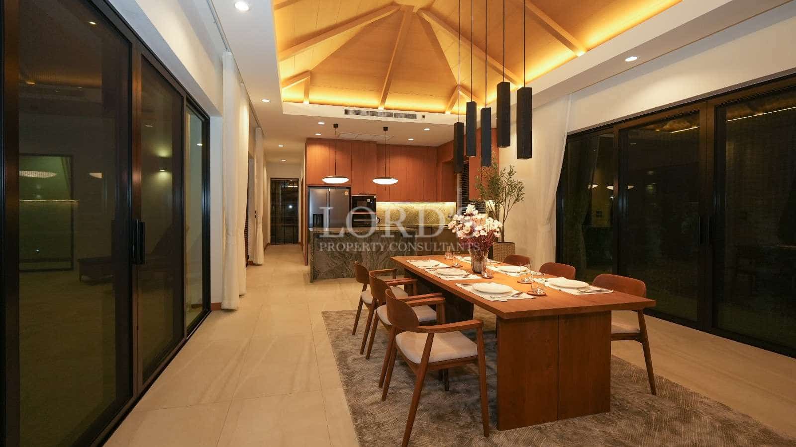 Modern dining room with elegant lighting