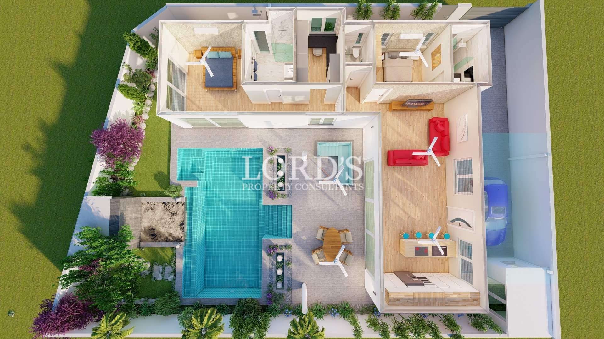 Aerial view of modern house layout.