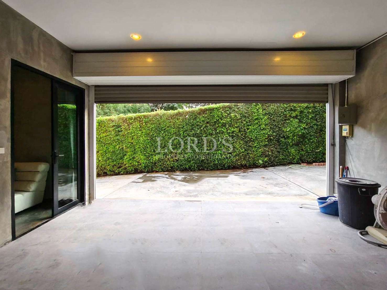 Empty garage with open door