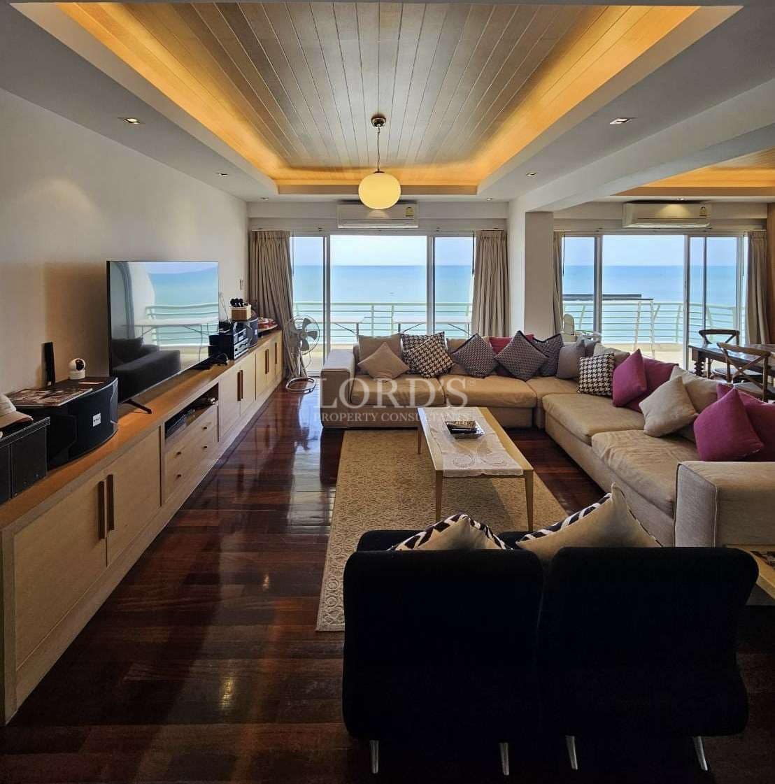 Modern living room with ocean view