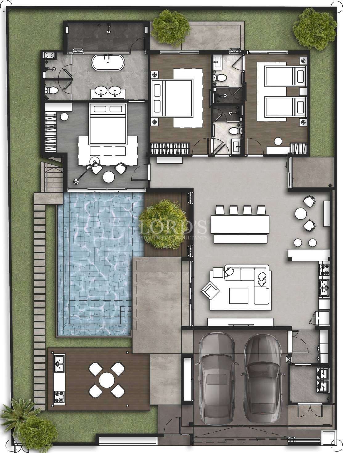 Modern villa floor plan with three bedrooms, open living area, private pool, and double garage.