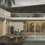 Modern luxury villa exterior with private pool, wooden deck, and large glass doors.