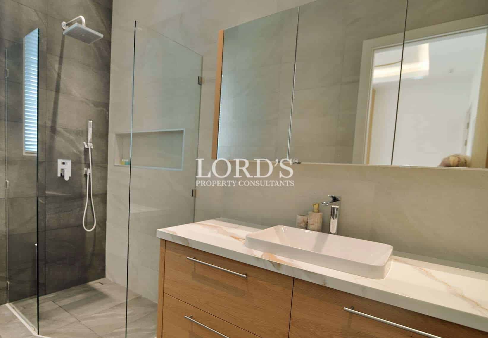 Modern bathroom with shower and vanity.