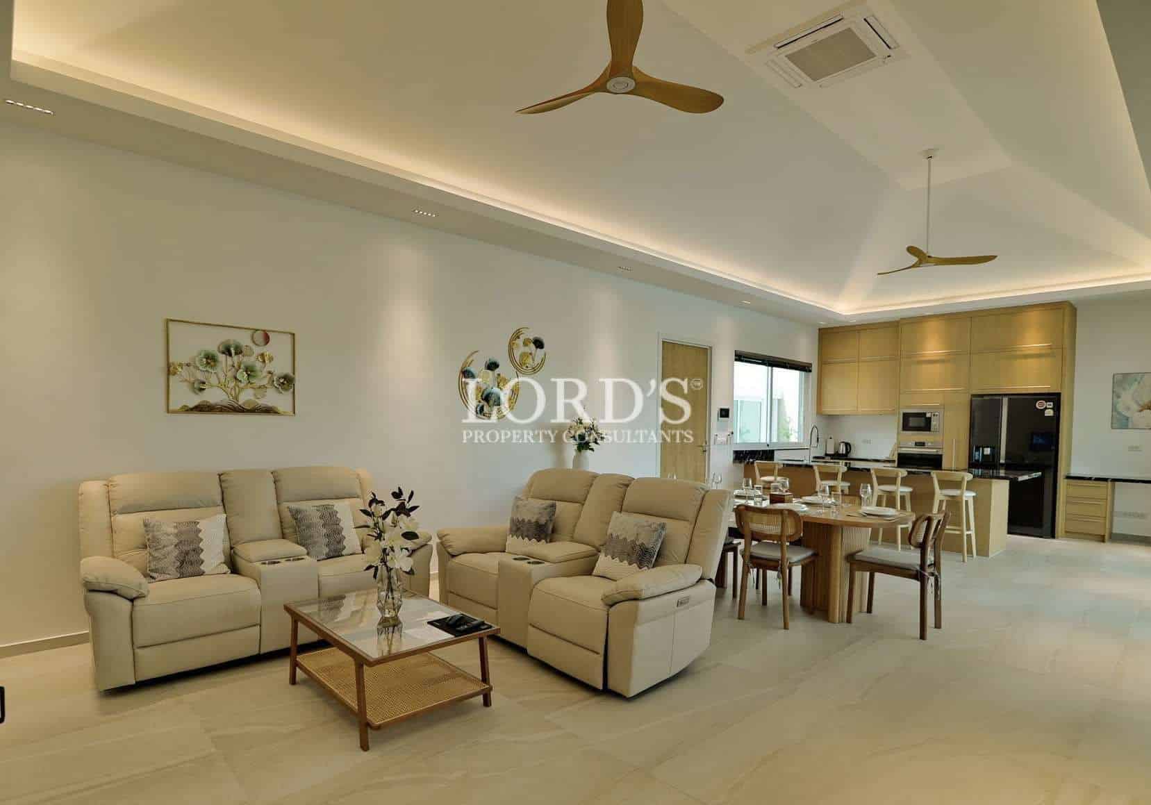 Modern living room with dining area