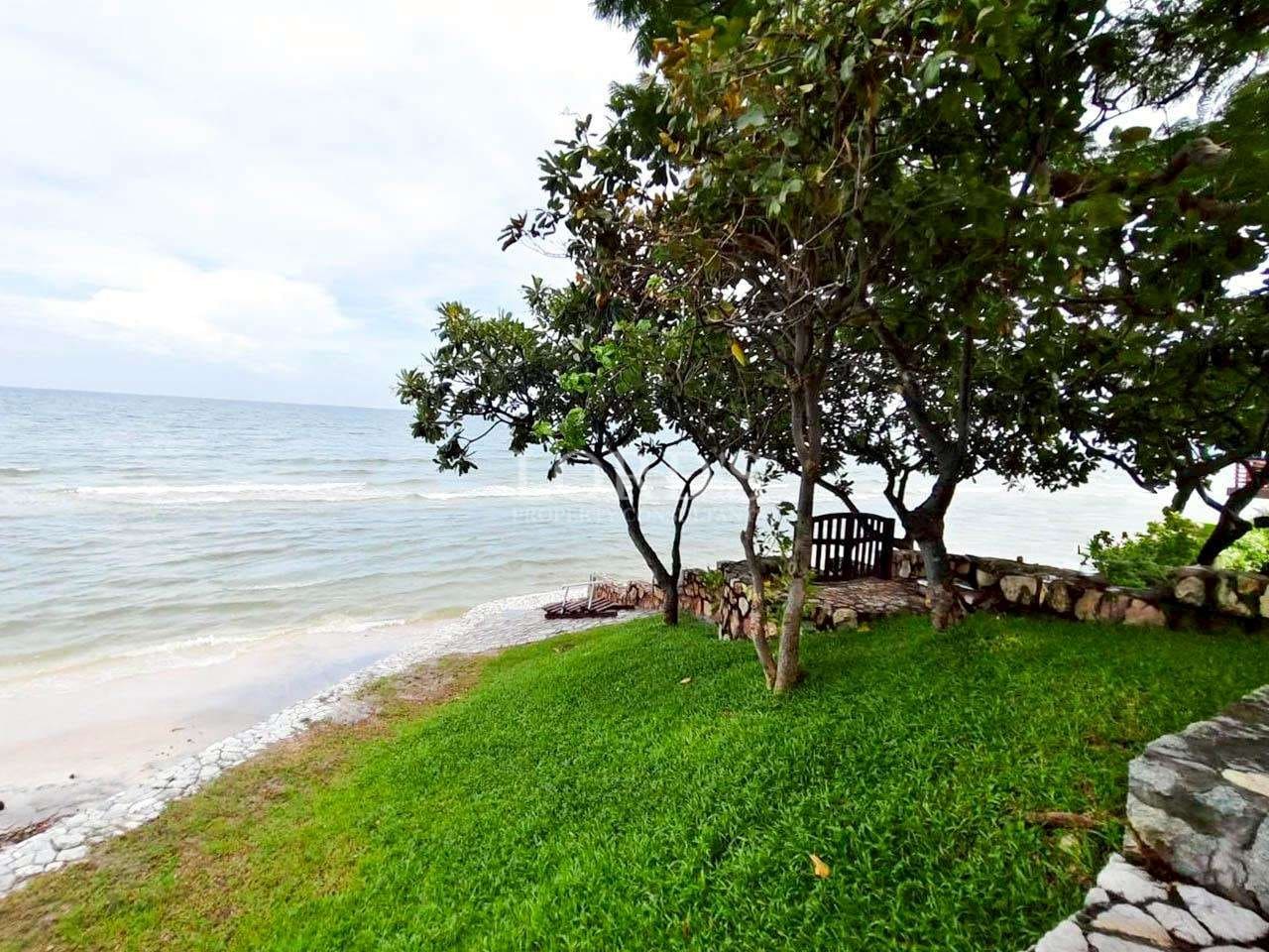 Seafront garden with lush green lawn and trees overlooking a quiet sandy beach.