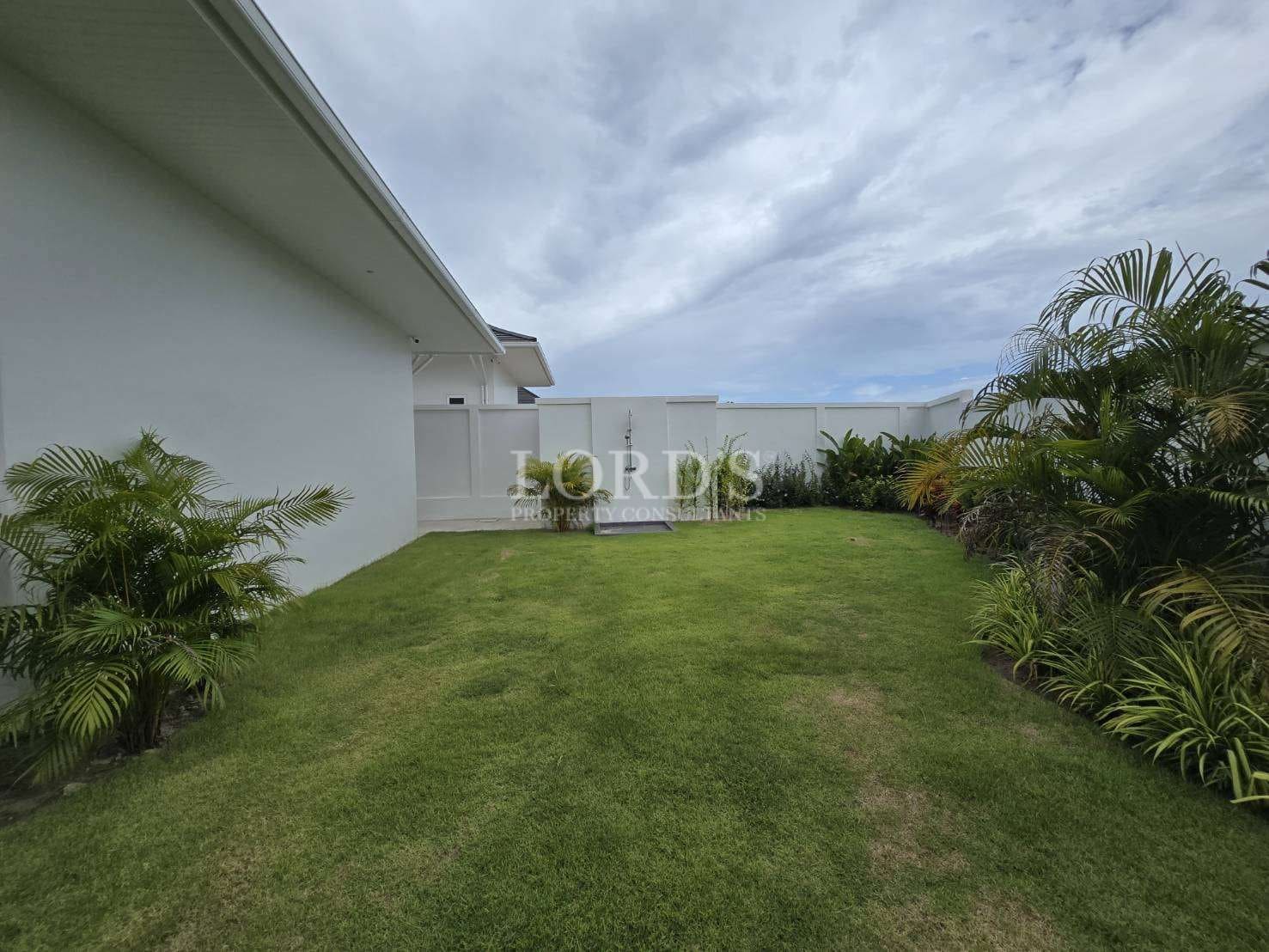 Lush green lawn with surrounding plants.