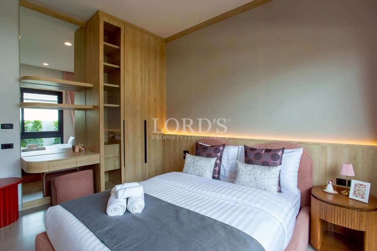 Modern bedroom with wooden accents