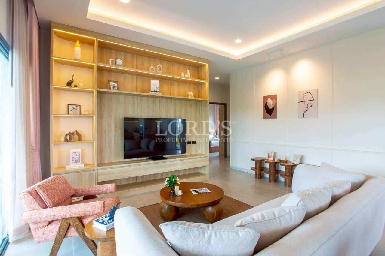 Modern living room with wooden accents