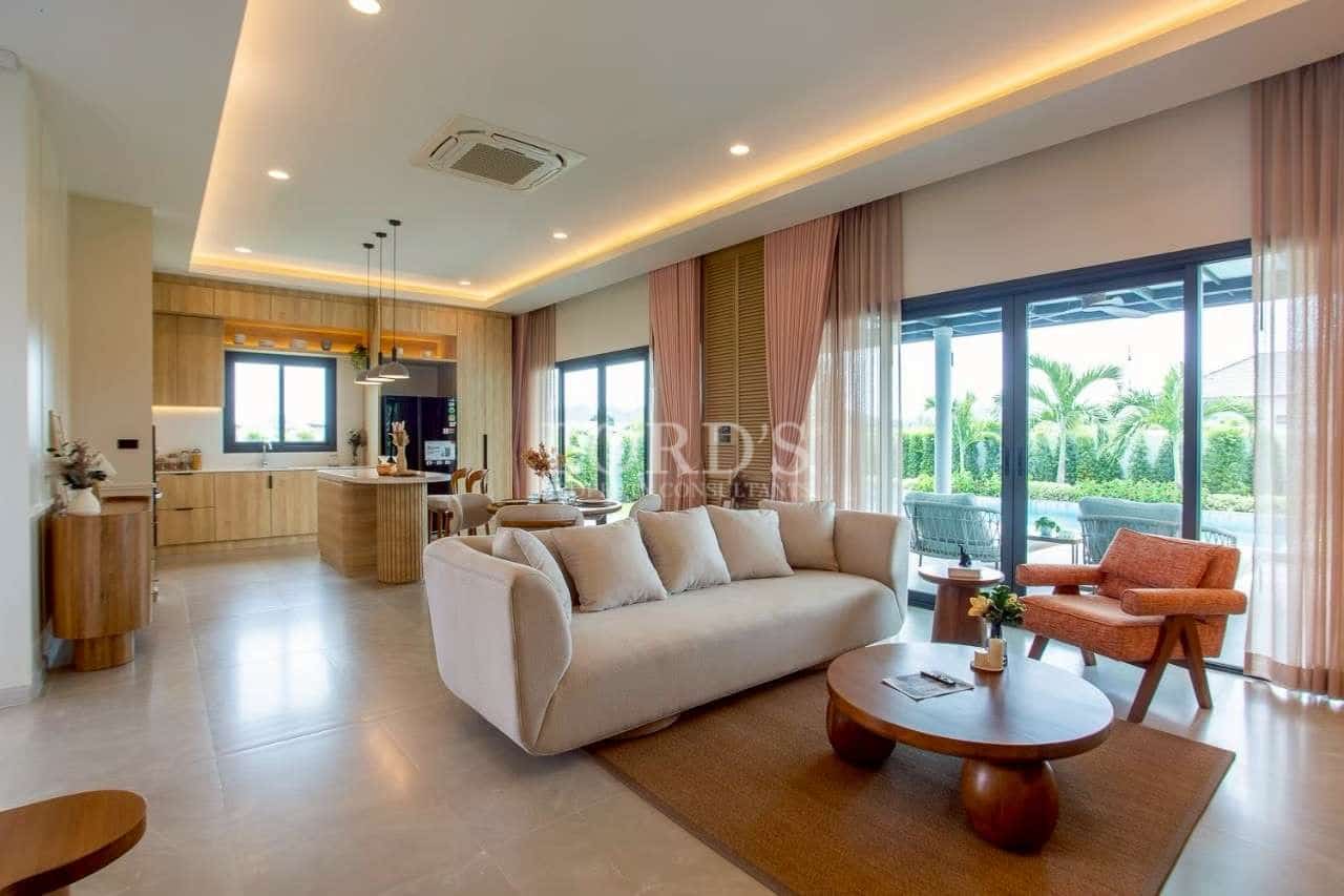 Modern living room with kitchen area