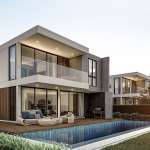 Luxury modern two-story villa with floor-to-ceiling glass, private swimming pool, wooden deck, and landscaped garden.