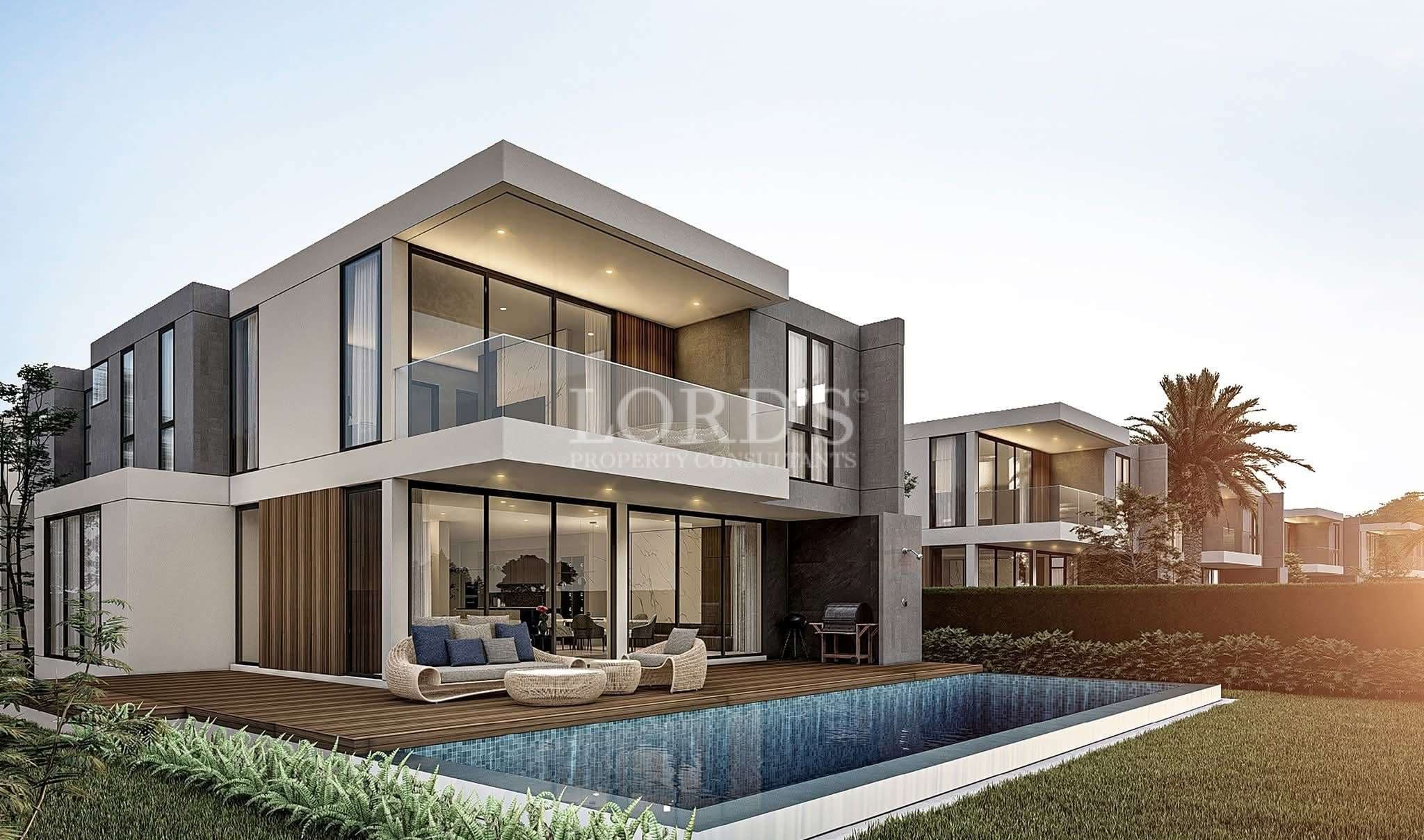 Luxury modern two-story villa with floor-to-ceiling glass, private swimming pool, wooden deck, and landscaped garden.