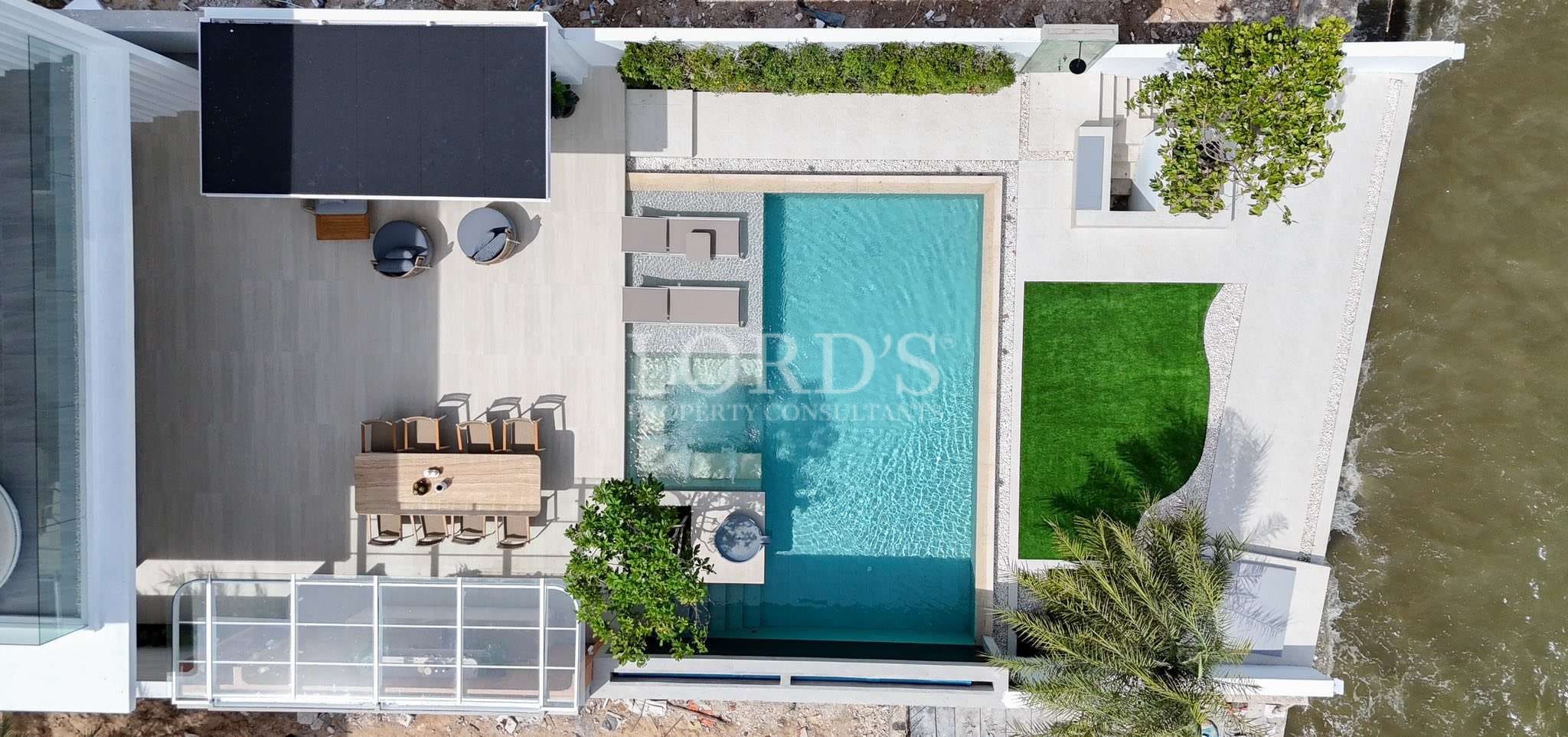 Aerial view of modern pool area