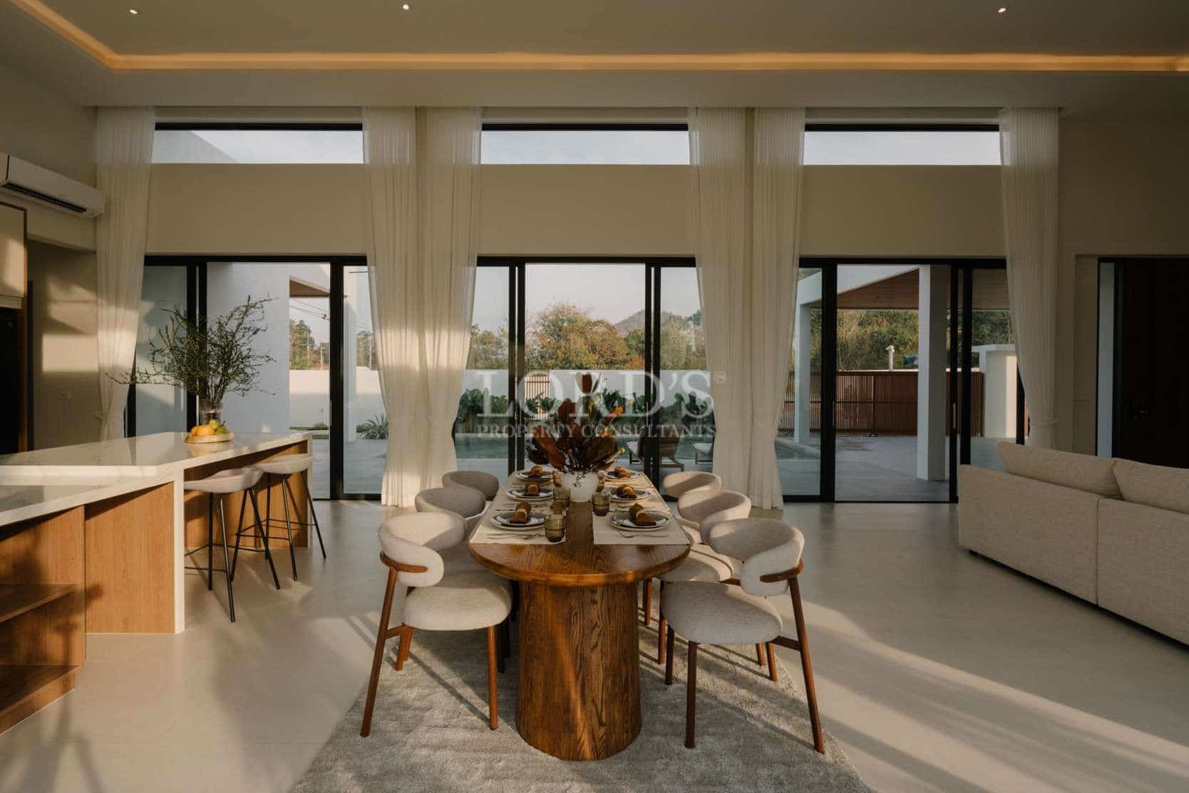 Modern dining area with large windows