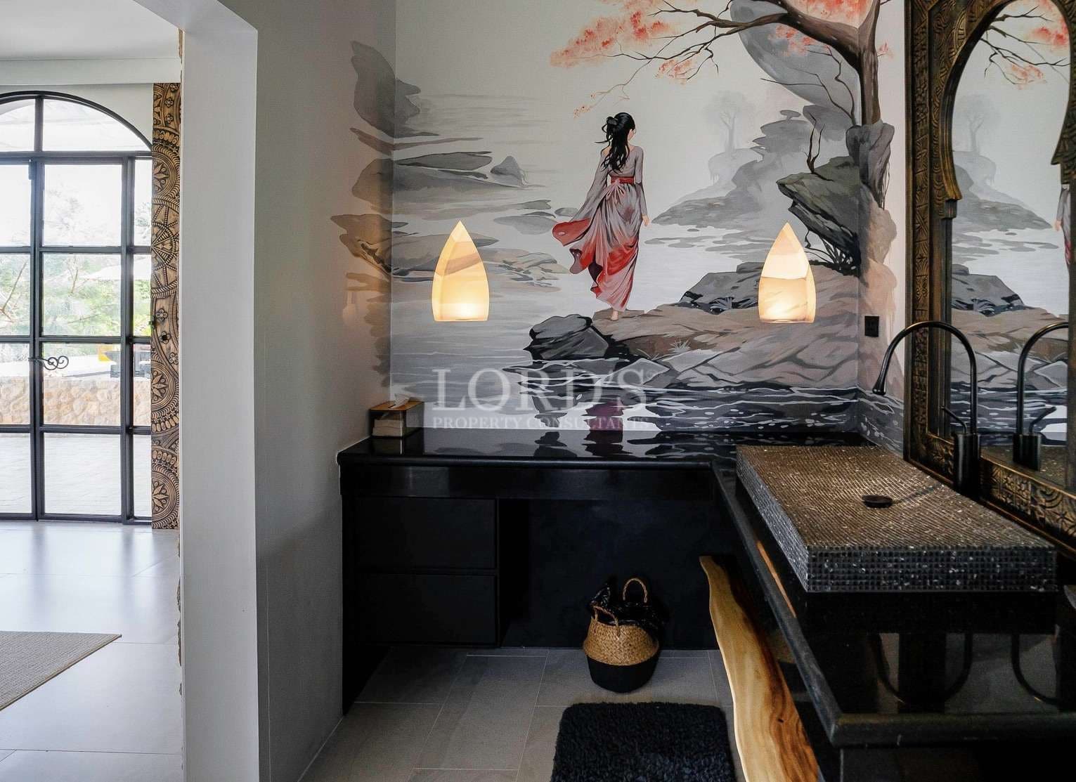 Elegant bathroom with artistic mural