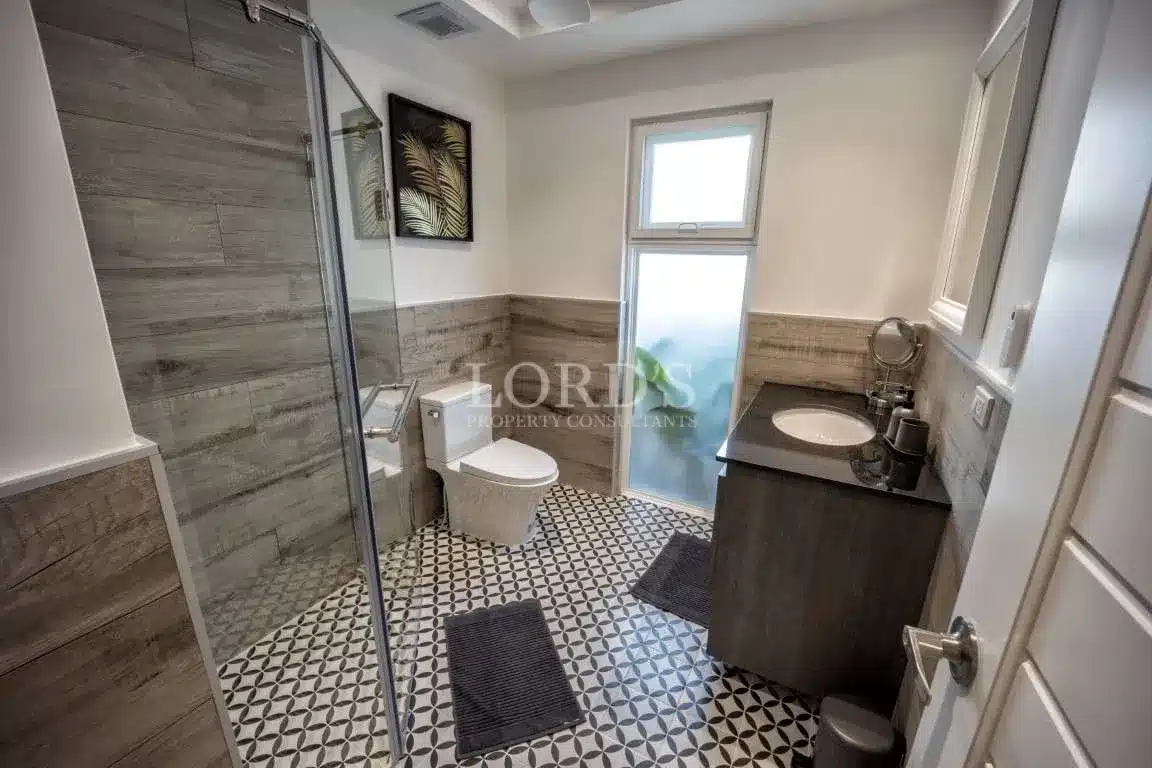 Modern bathroom with glass shower enclosure, patterned tile flooring, floating vanity, and frosted window for natural light.
