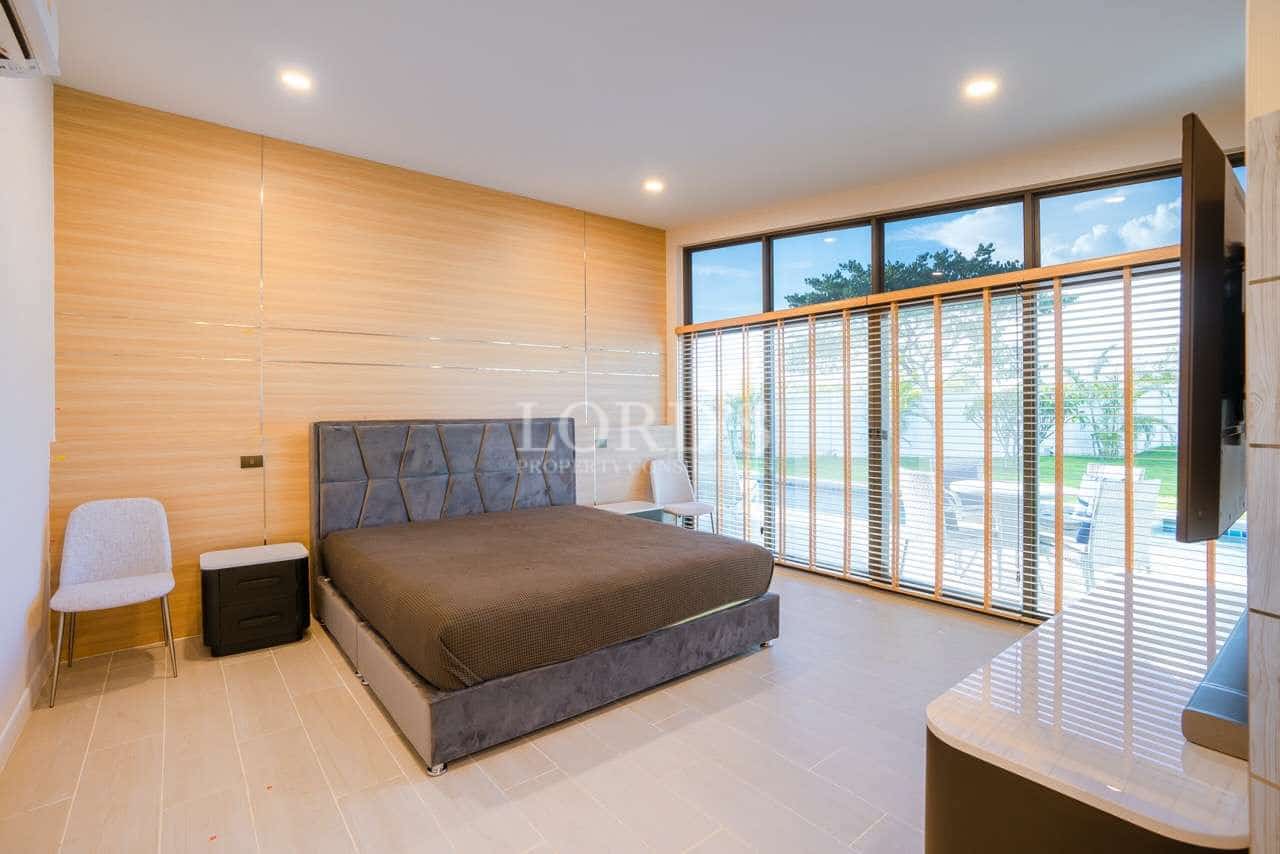 Modern bedroom with large windows