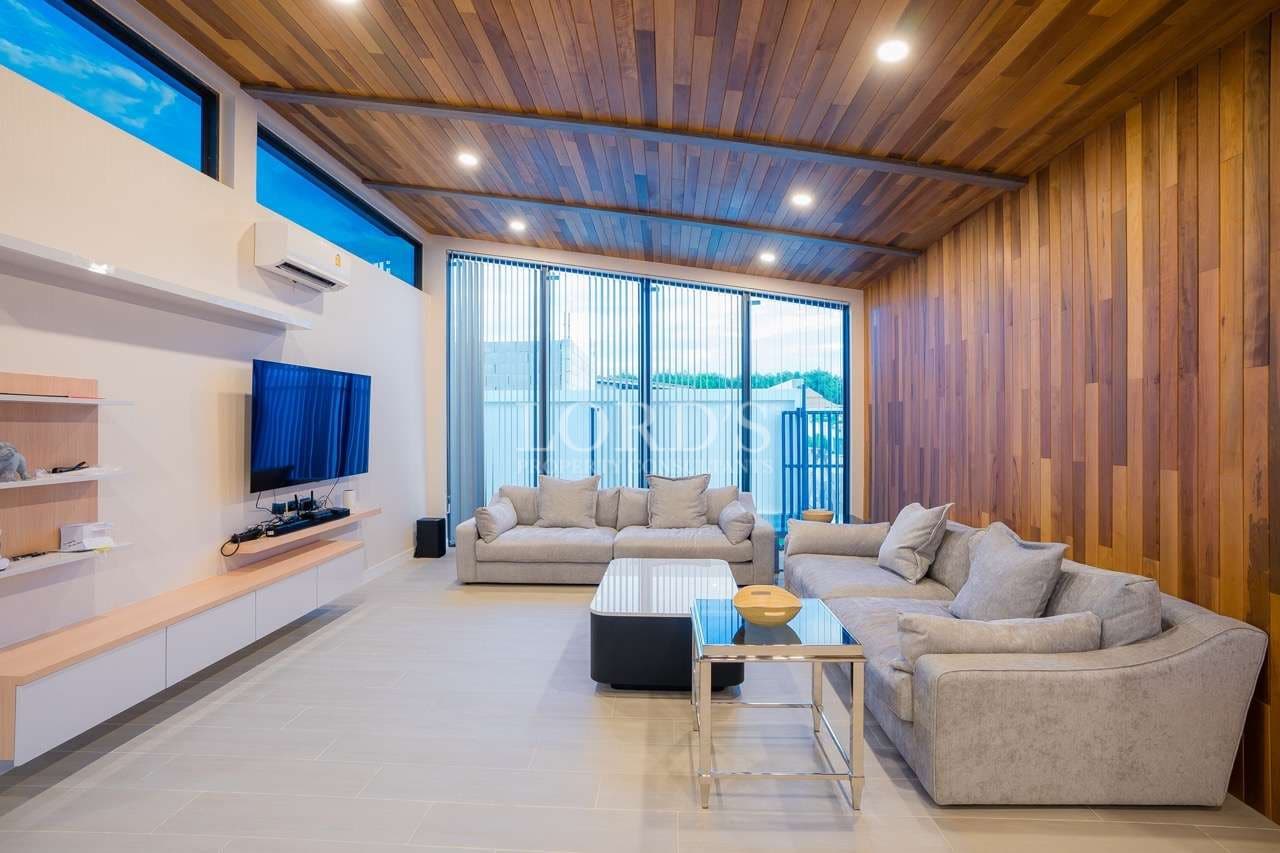 Modern living room with wooden accents