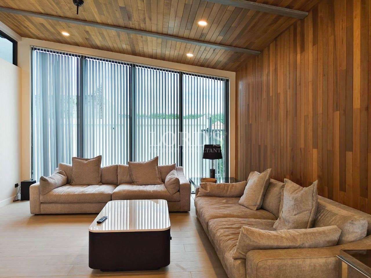 Modern living room with wooden accents
