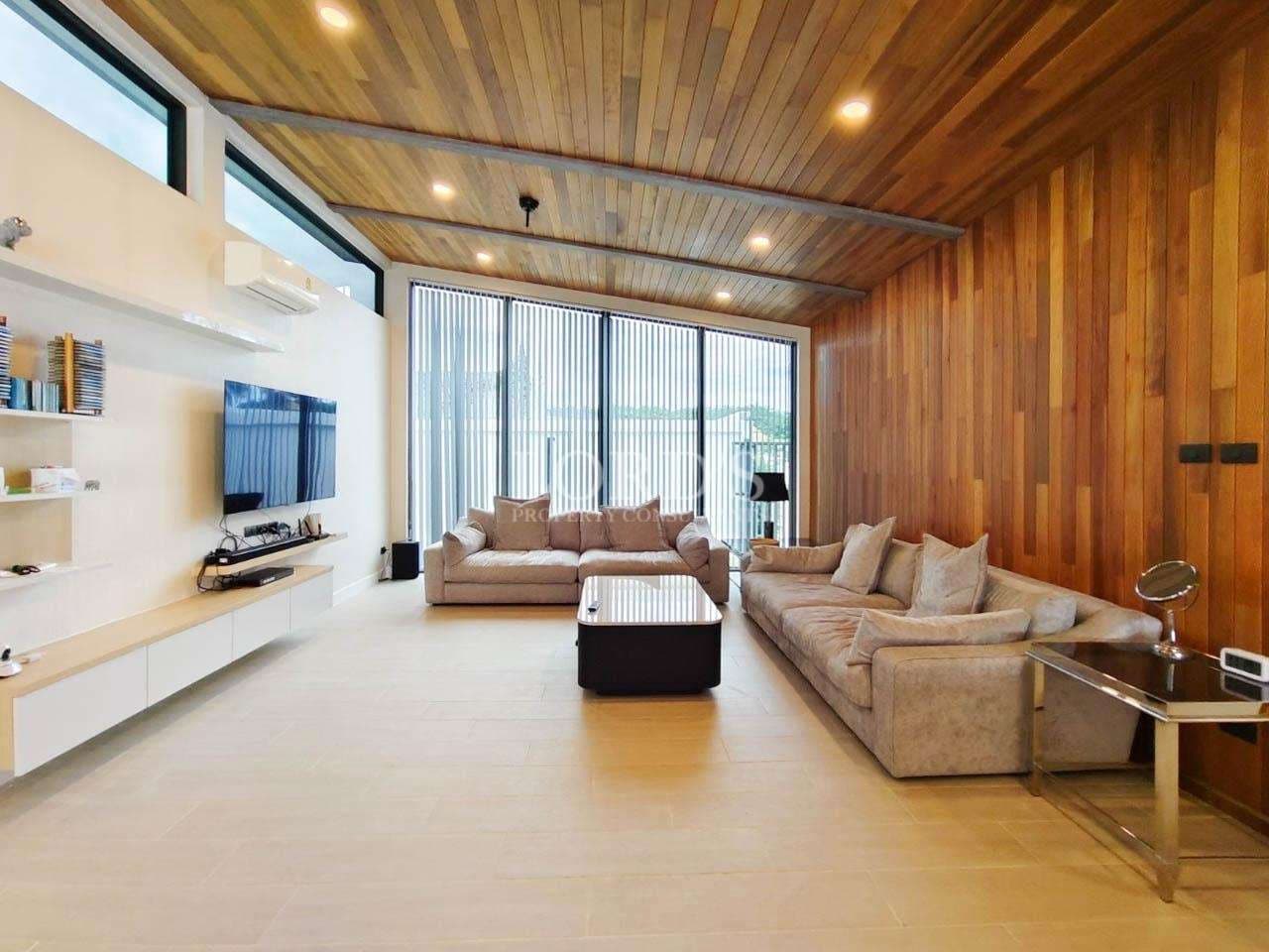 Modern living room with wooden accents