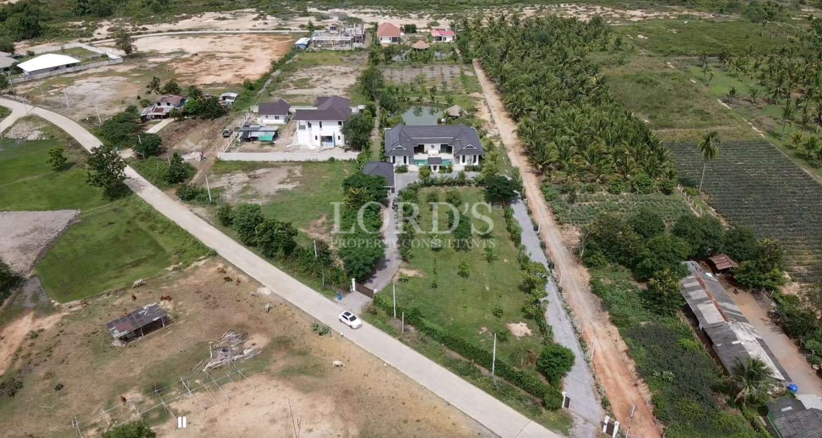 Aerial view of rural property landscape.