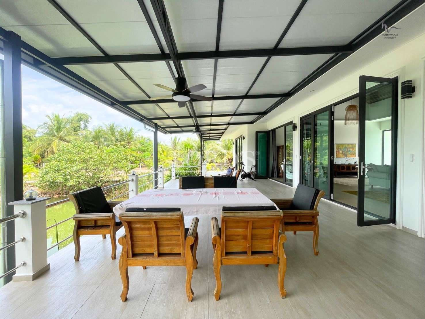 Spacious outdoor patio with furniture