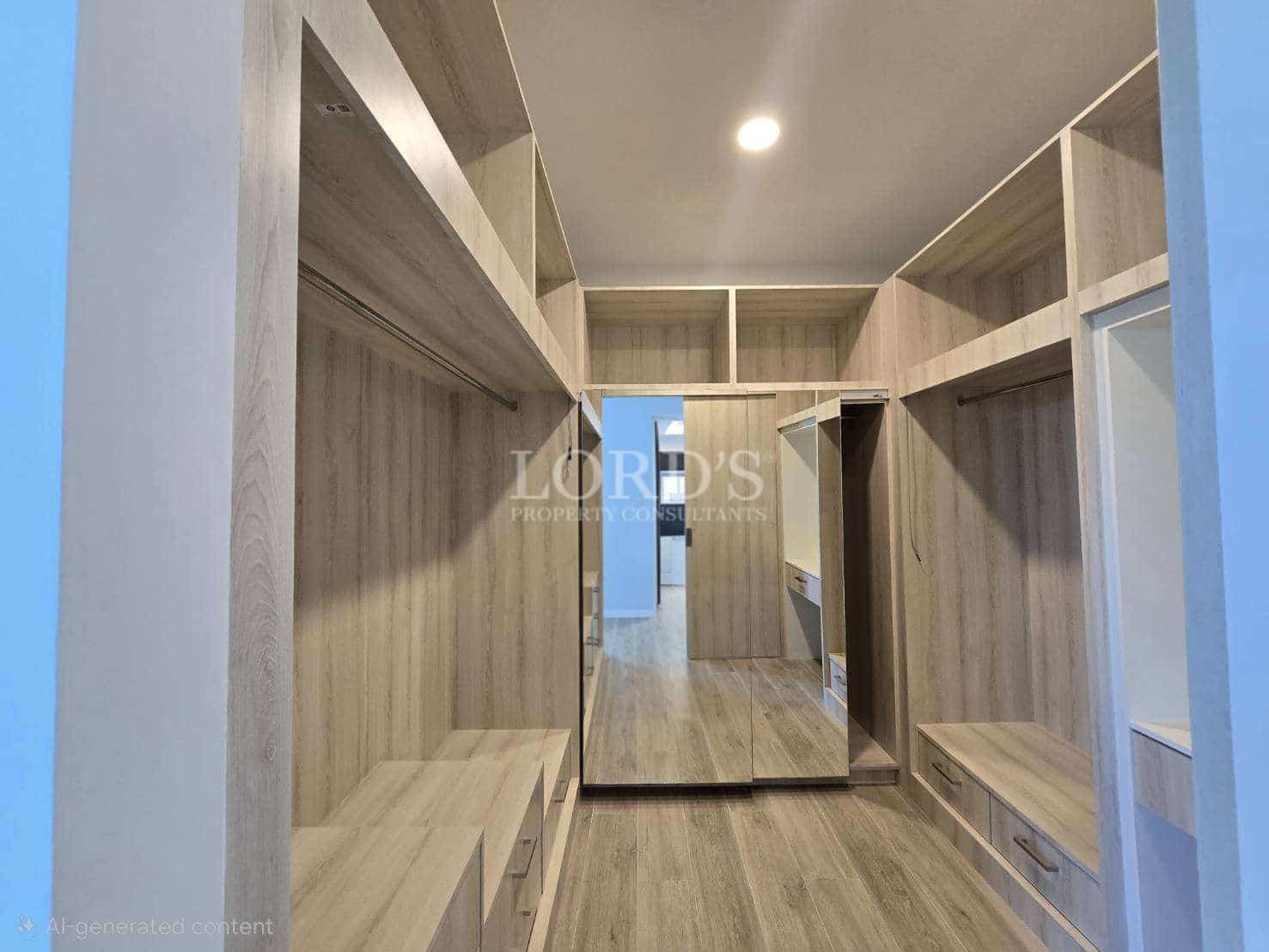 Modern walk-in wardrobe with built-in wooden shelving, drawers, hanging space, and full-length mirror.