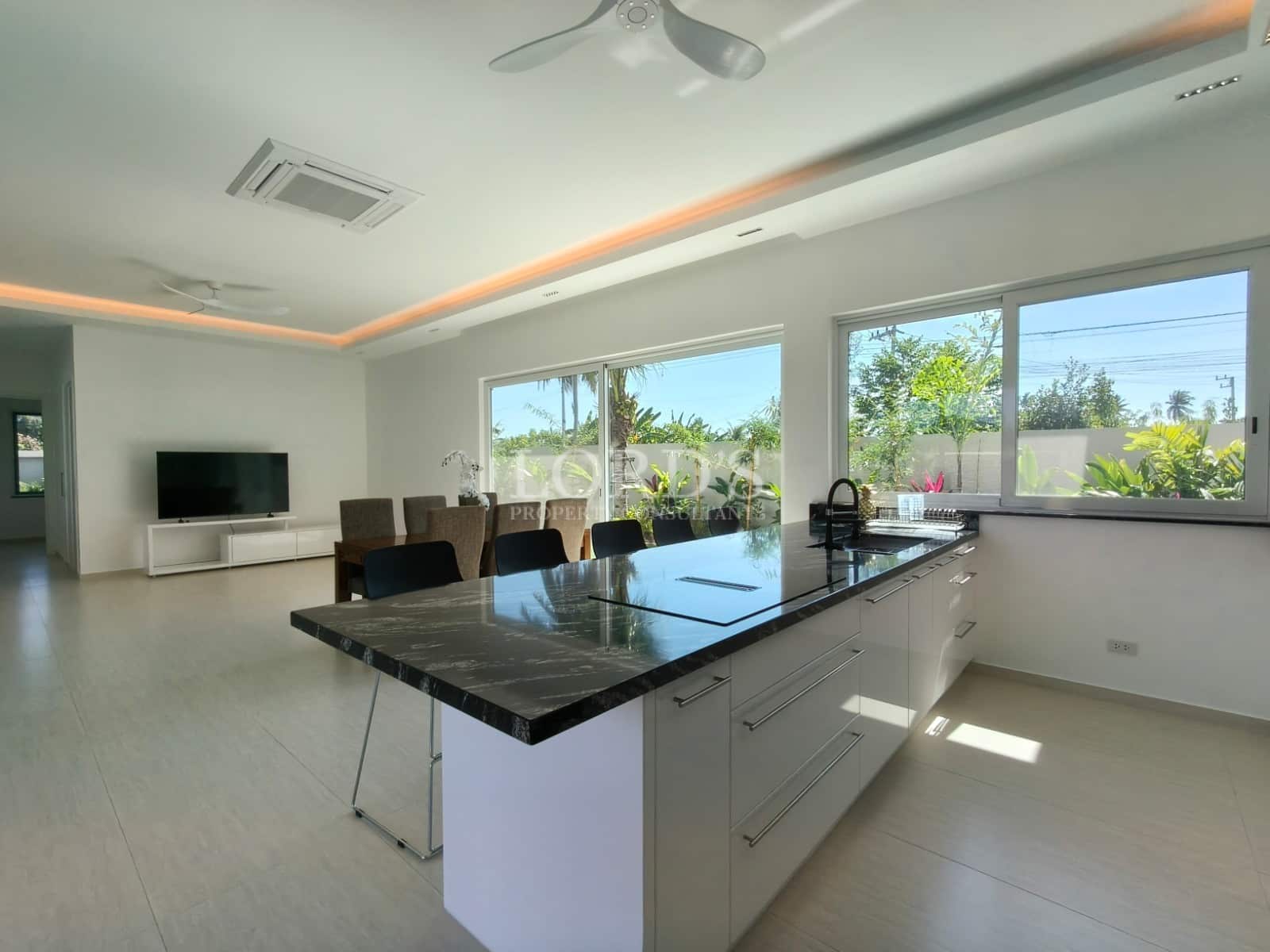 Modern kitchen with spacious living area